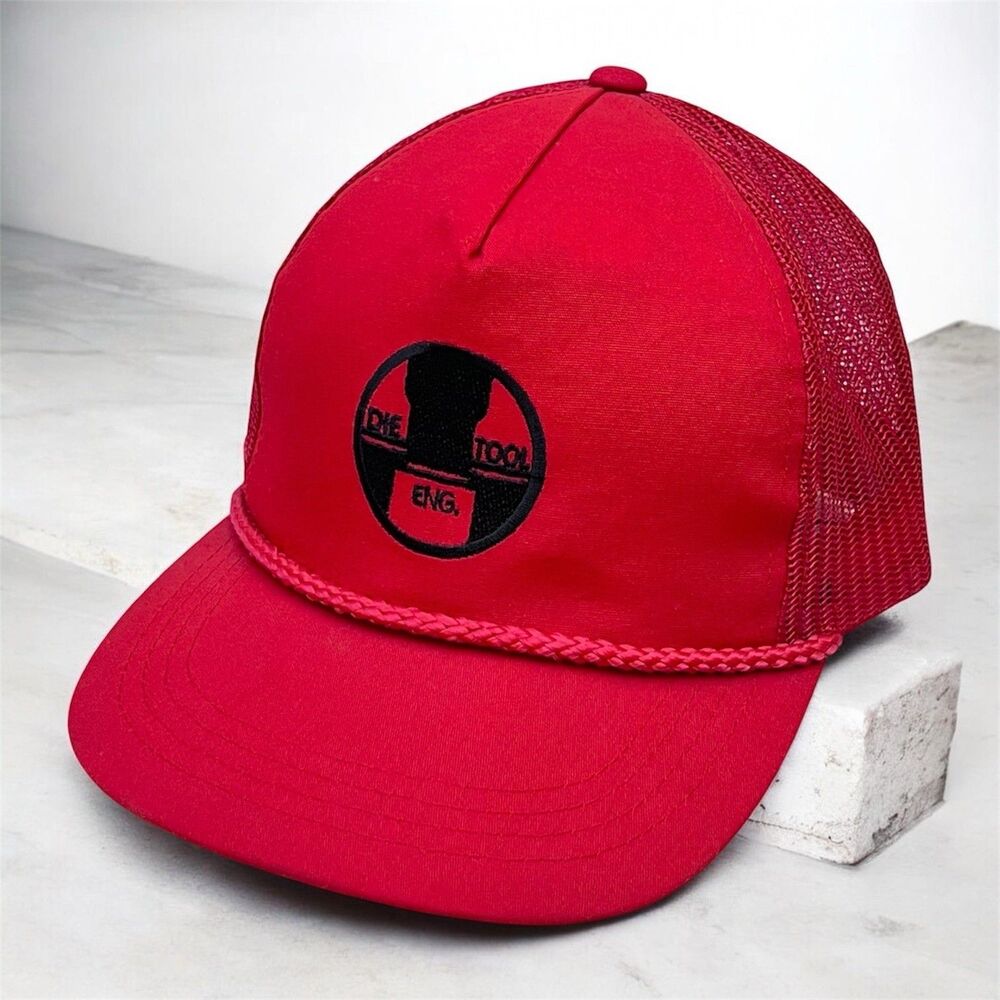 VTG Red Die Tool Engineer Trucker Hat Snapback Rope Cap Machinist 90s Adjustable